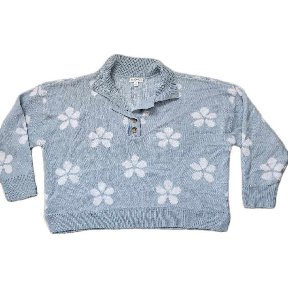 Derek Heart Crop Collared Sweater Blue White Floral 1/4 Button Plus 2X EUC